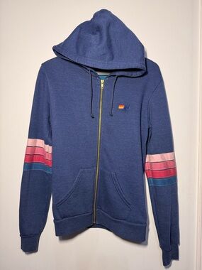 Aviator Nation Navy Zip Hoodie with Pink and Teal Stripe Sleeves size S